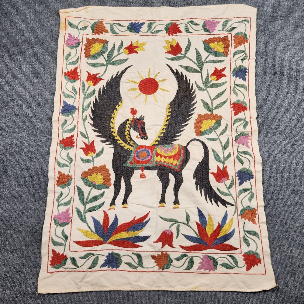 Vintage Uzbek Suzani Hand Embroidered Pegasus Winged Horse Floral Textile 31x21